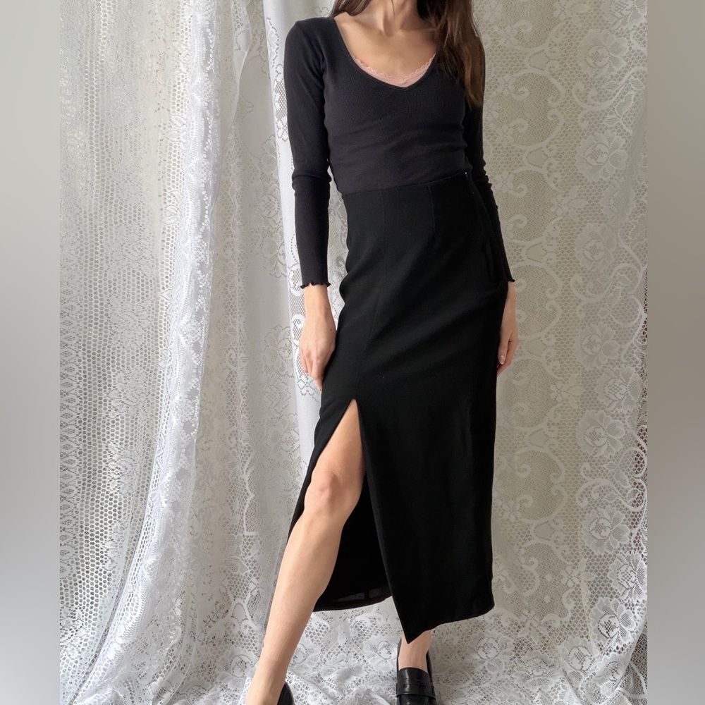 Vintage 90s Black Worsted Wool Midi Skirt Gantos Made In USA